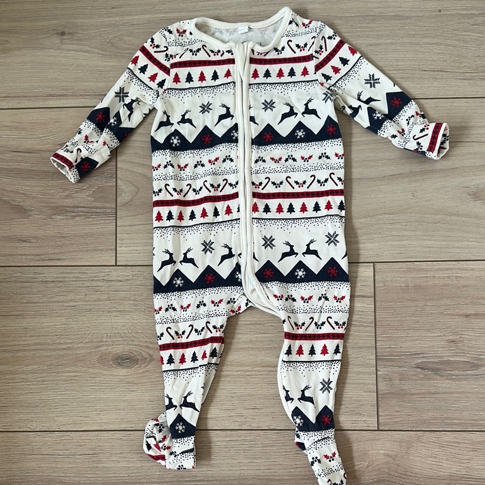 Mori White and Red Fair Isle Footie One Piece with Festive Patterns